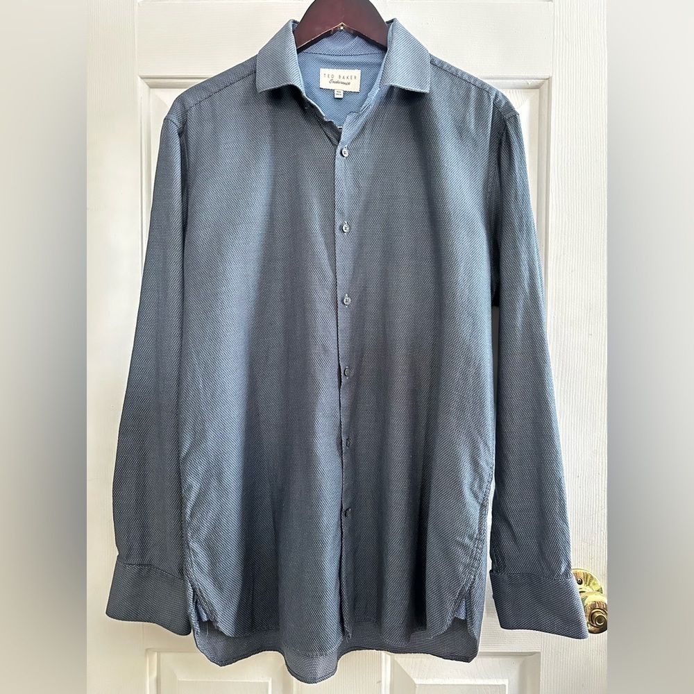 TED BAKER Endurance 16.5 34/35 Blue Flip Contrast Cuff Spread Collar 100% Cotton